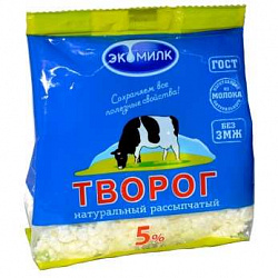 Творог "ЭкоМилк" натуральный 5% 180гр пакет  Белорусь